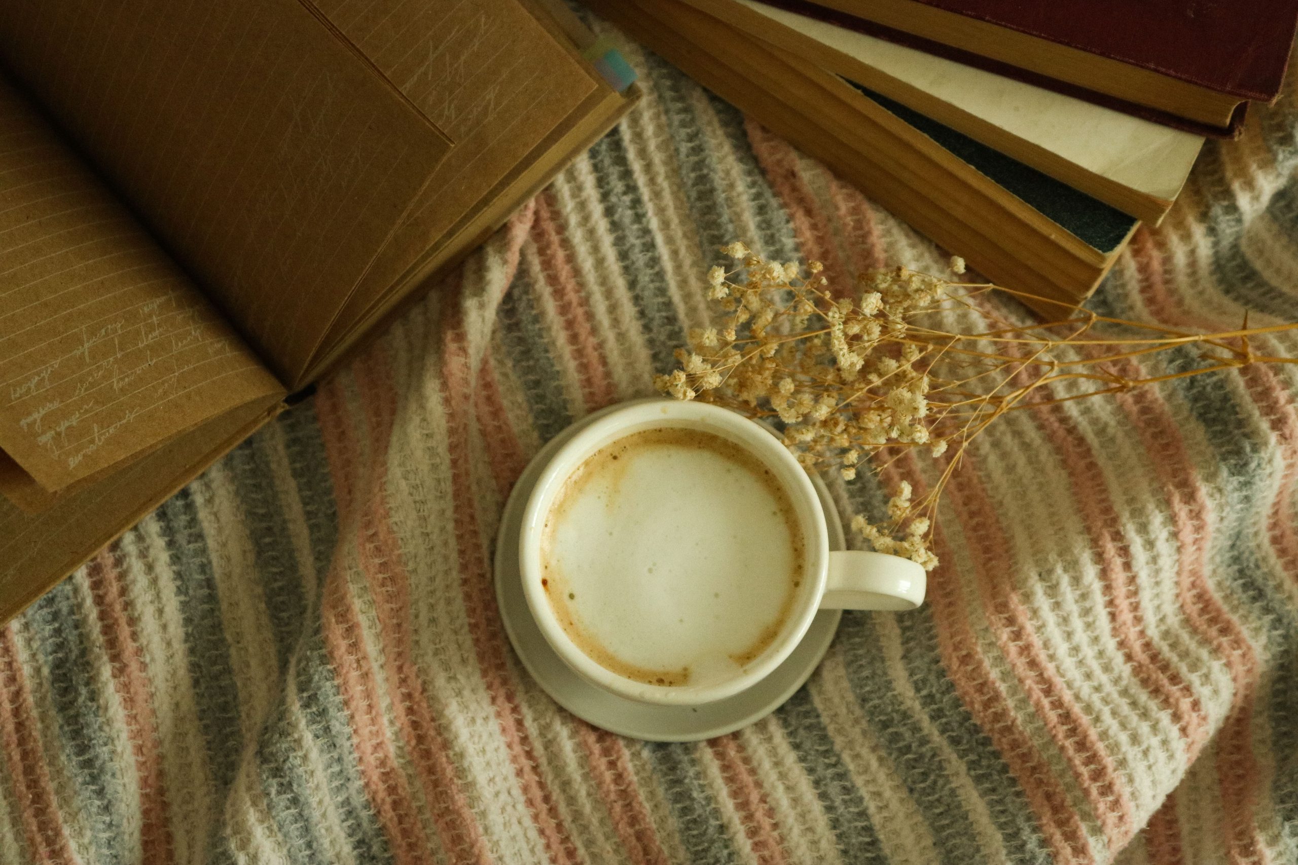 Cup of coffee with open book and dry flowers on a woven blanket, perfect for a literary break.